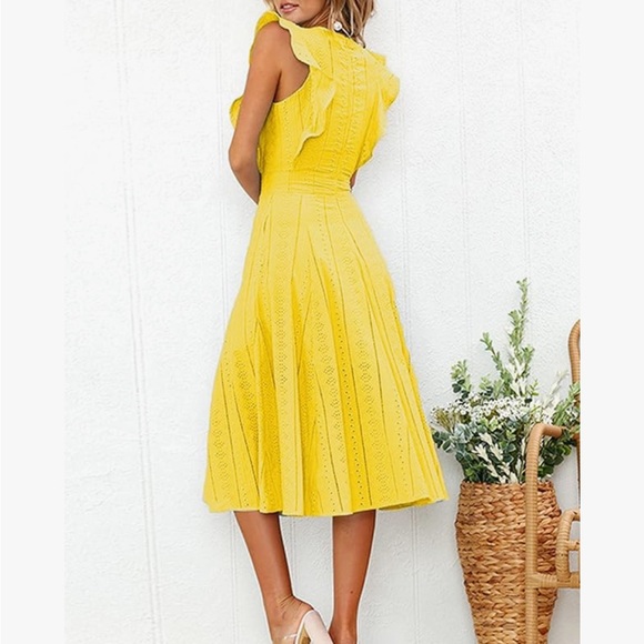 Brand New w/ Tags. Yellow Ruffle Cap Sleeves A-Line Midi Dress - Picture 2 of 2